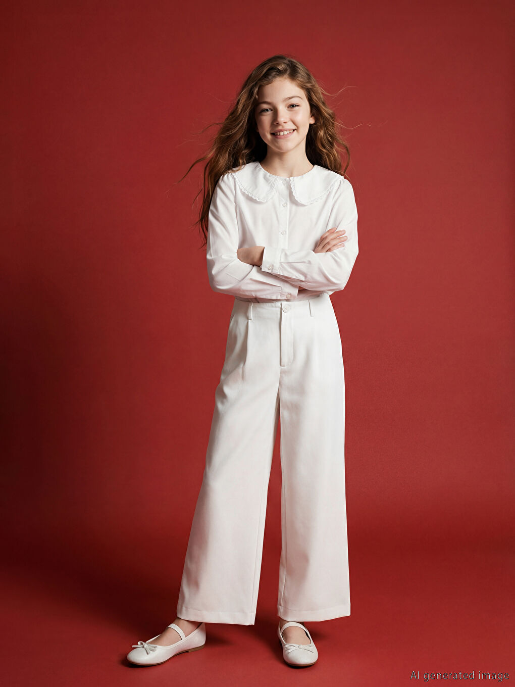 Beyaz Pileli Kız Çocuk Pantolon