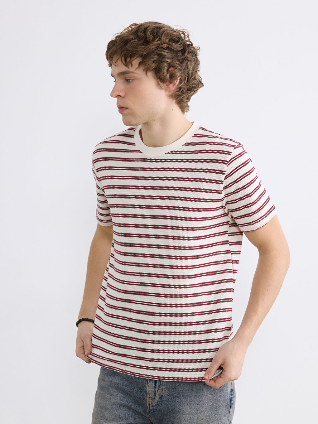 Bordo Bisiklet Yaka Çizgili Erkek Tişört