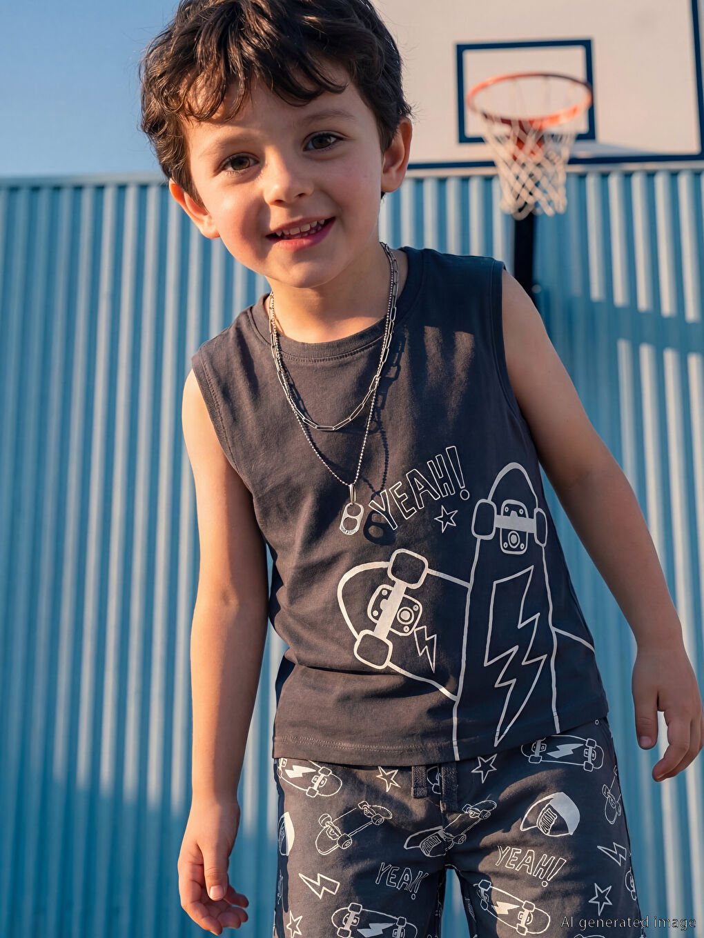 Antrasit Baskılı Erkek Çocuk Şortlu Takım-1