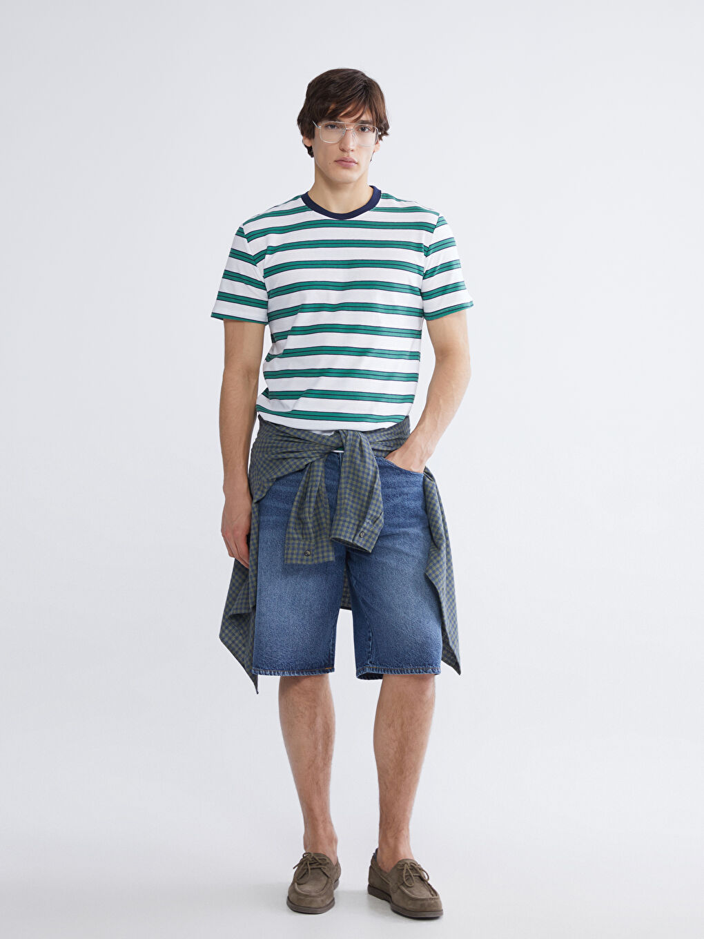 Yeşil Bisiklet Yaka Çizgili Penye Erkek Tişört-1