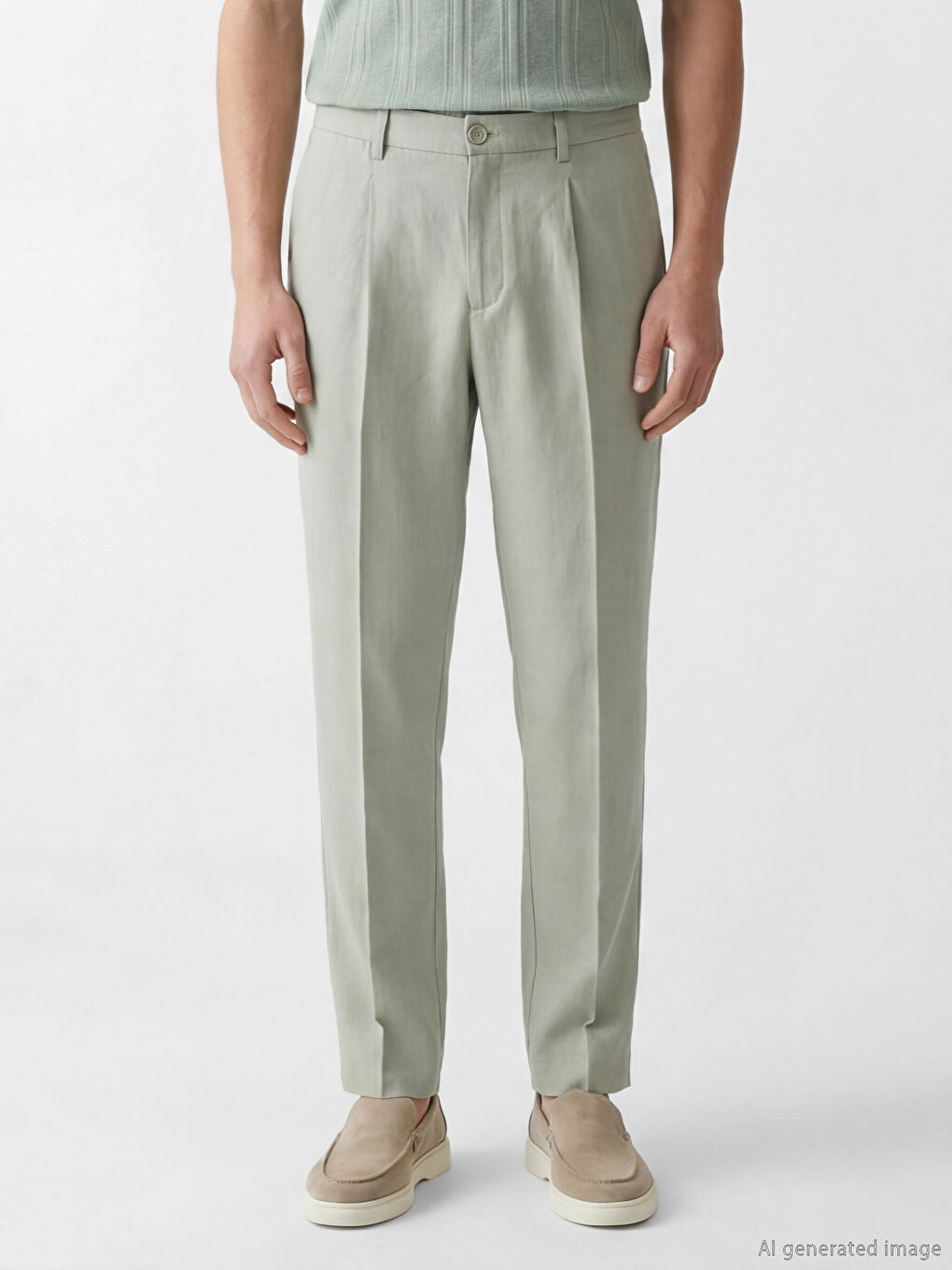 Yeşil Regular Fit Keten Karışımlı Erkek Pileli Pantolon-1
