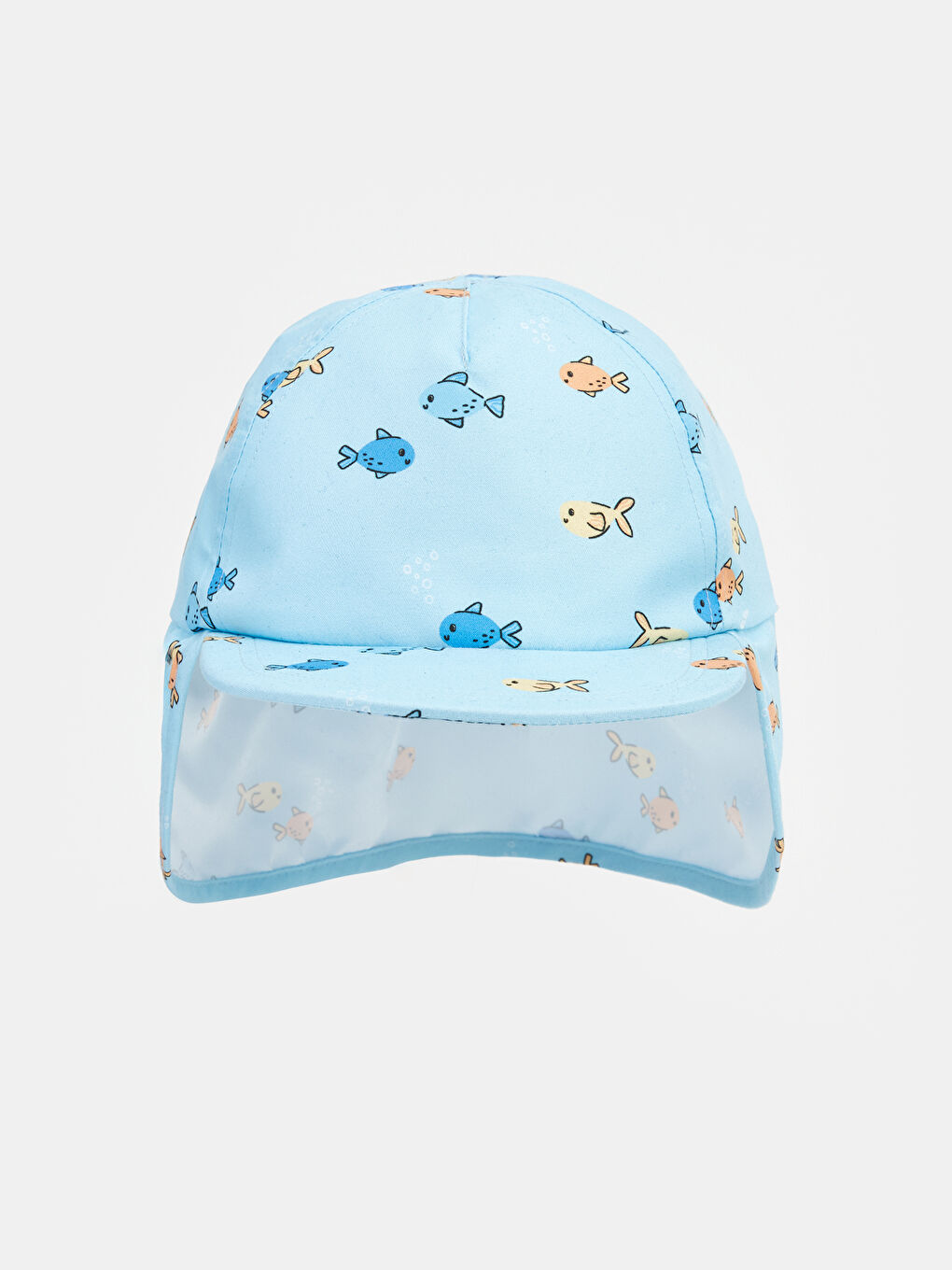 Mavi Balık Desenli Erkek Bebek Ense Korumalı Şapka