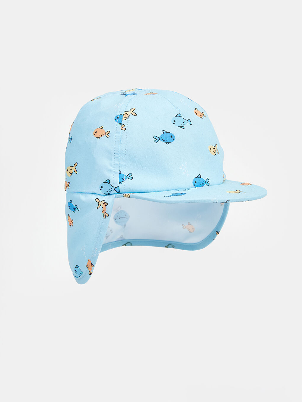 Mavi Balık Desenli Erkek Bebek Ense Korumalı Şapka-1
