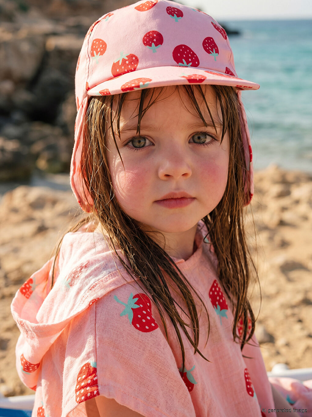 Strawberry Patterned Nape Protected Baby Girls' Baseball Cap