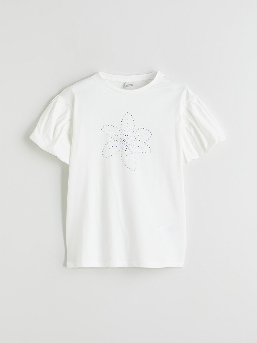 Ekru Bisiklet Yaka Taşlı Kız Çocuk Tişört