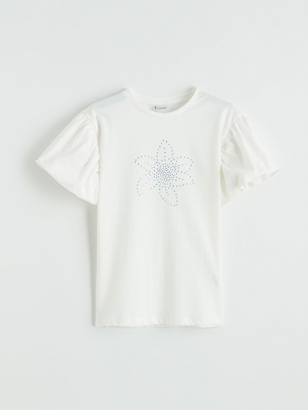 Ekru Bisiklet Yaka Taşlı Kız Çocuk Tişört