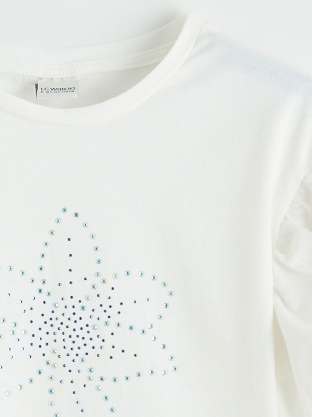 Ekru Bisiklet Yaka Taşlı Kız Çocuk Tişört-1