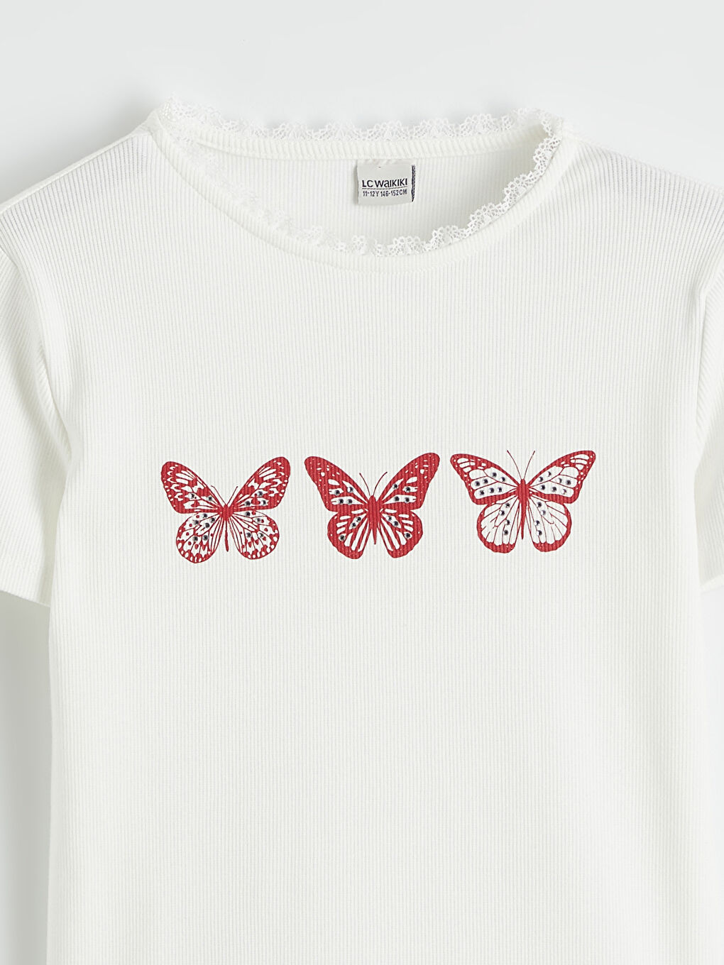 Ekru Bisiklet Yaka Baskılı Kız Çocuk Tişört-1