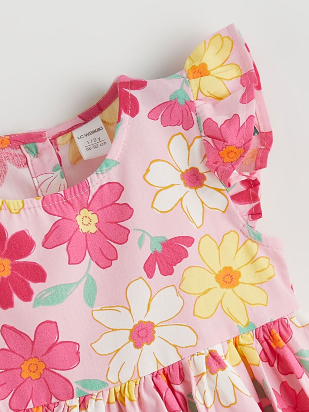 Pembe Çiçekli Fırfırlı Kız Çocuk Poplin Elbise-1