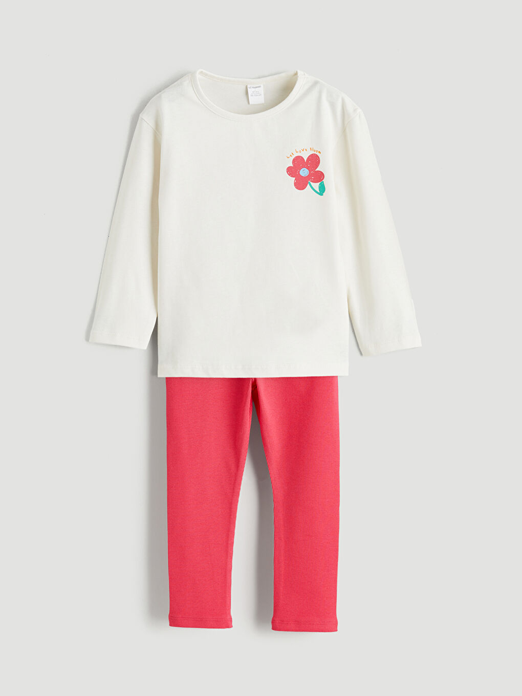 Ekru Çiçek Baskılı Kız Çocuk Tişört ve Tayt