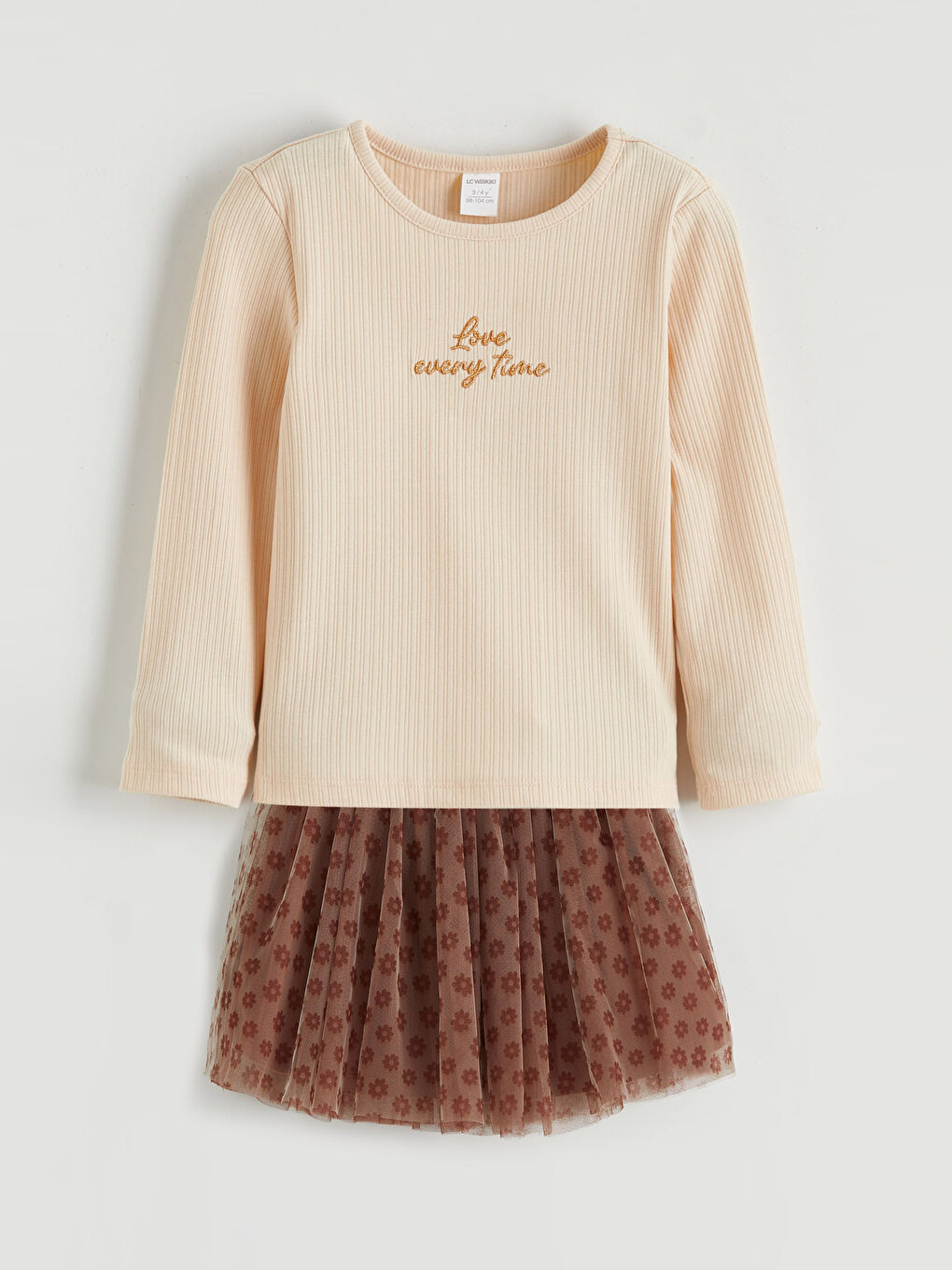 Bej Kız Çocuk Baskılı Bluz ve Etek