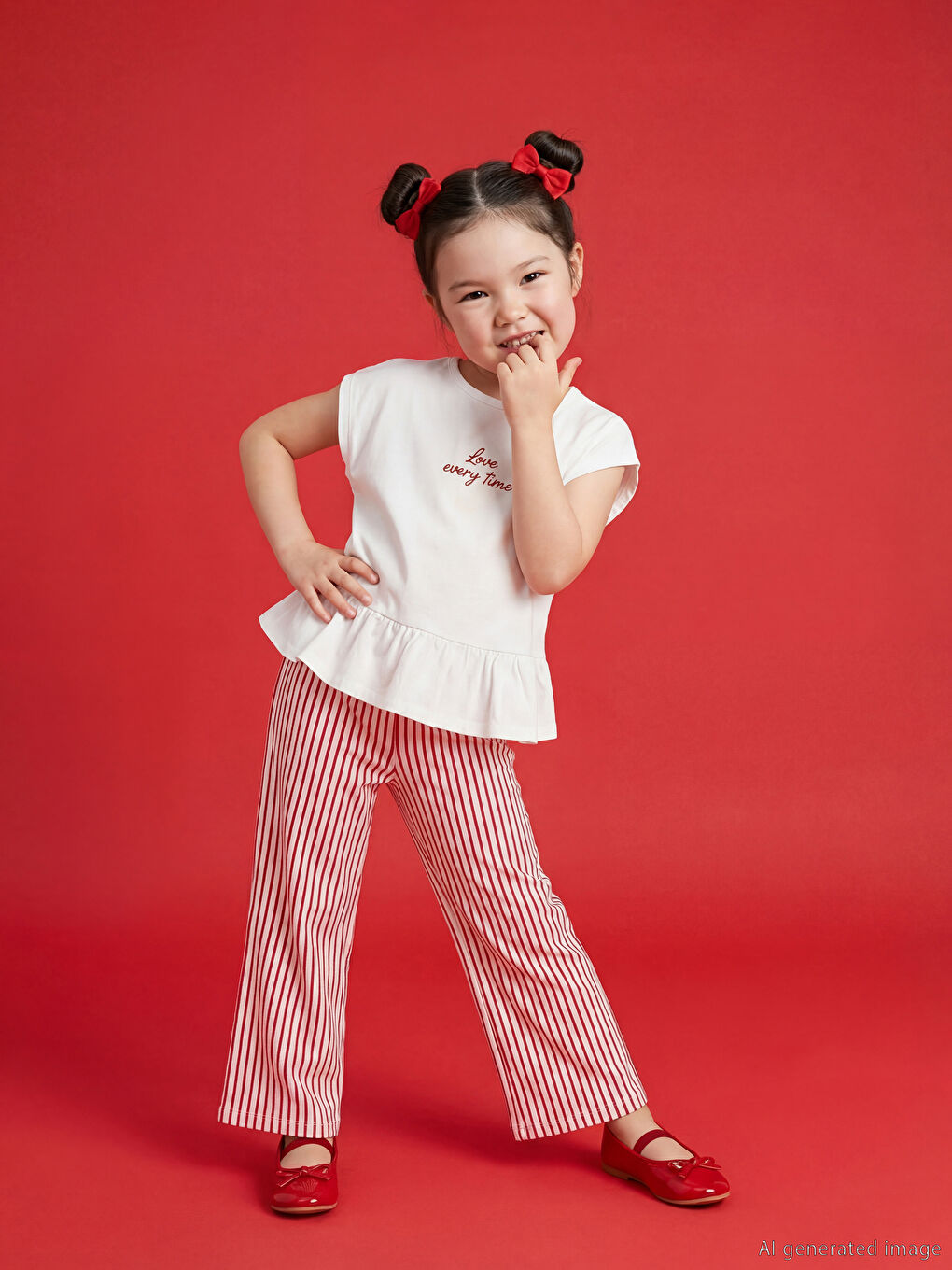 Ekru Bisiklet Yaka Kız Çocuk Bluz ve Pantolon-1