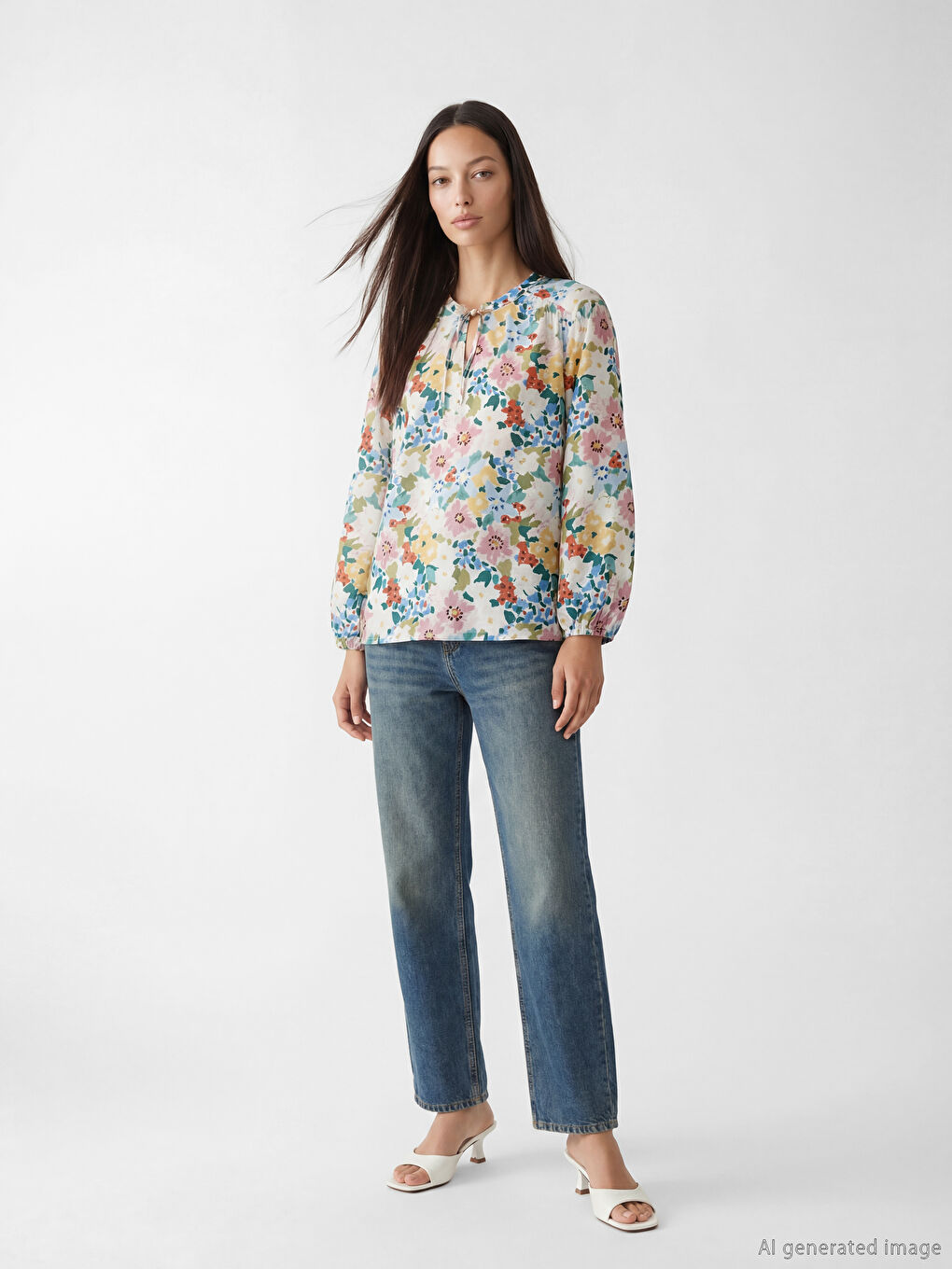 Bağlamalı Yaka Çiçekli Bluz-1