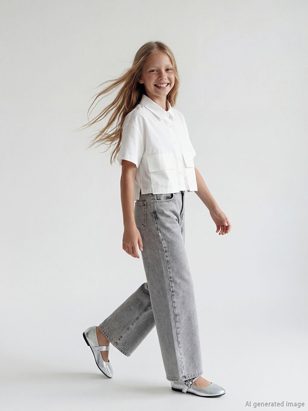 Gri Wideleg Kız Çocuk Jean Pantolon