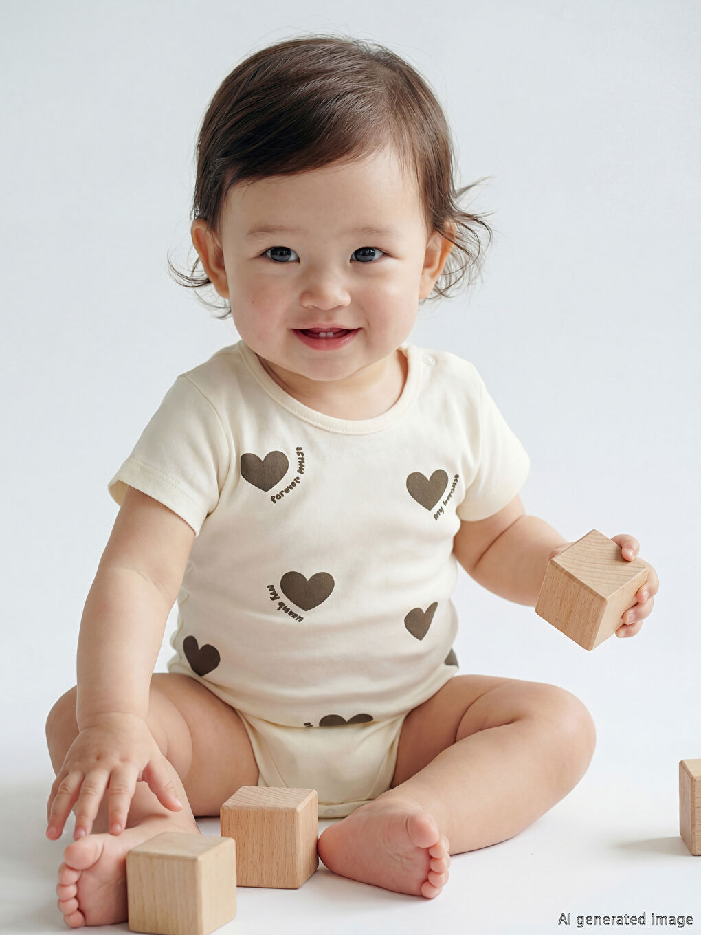 Ekru Kalp Baskılı Kız Bebek Çıtçıtlı Body