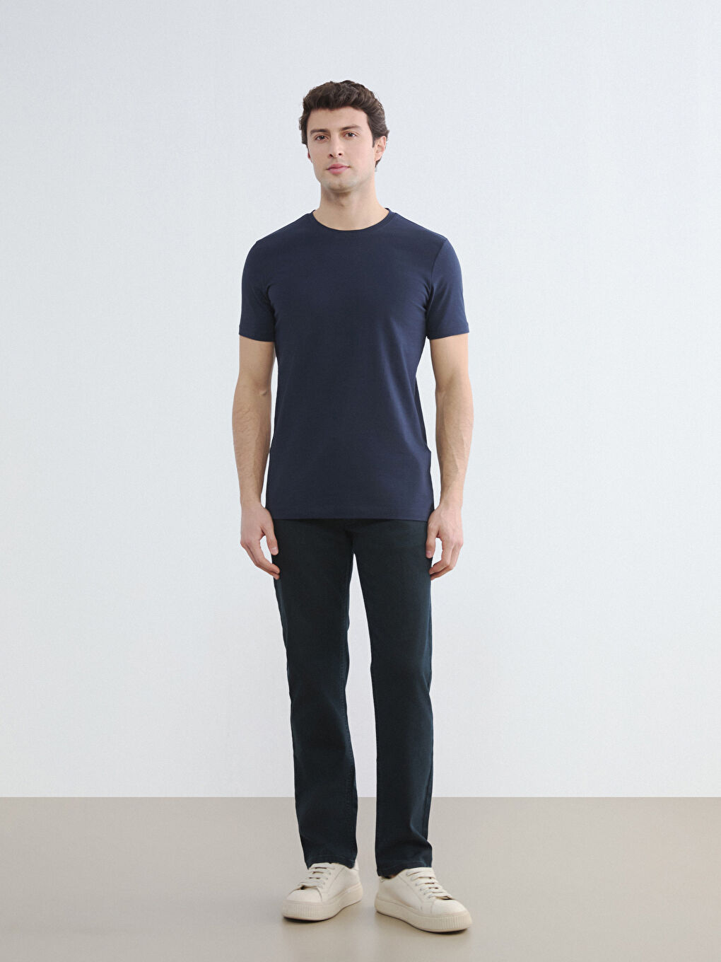 Lacivert Bisiklet Yaka Penye Erkek Tişört-1