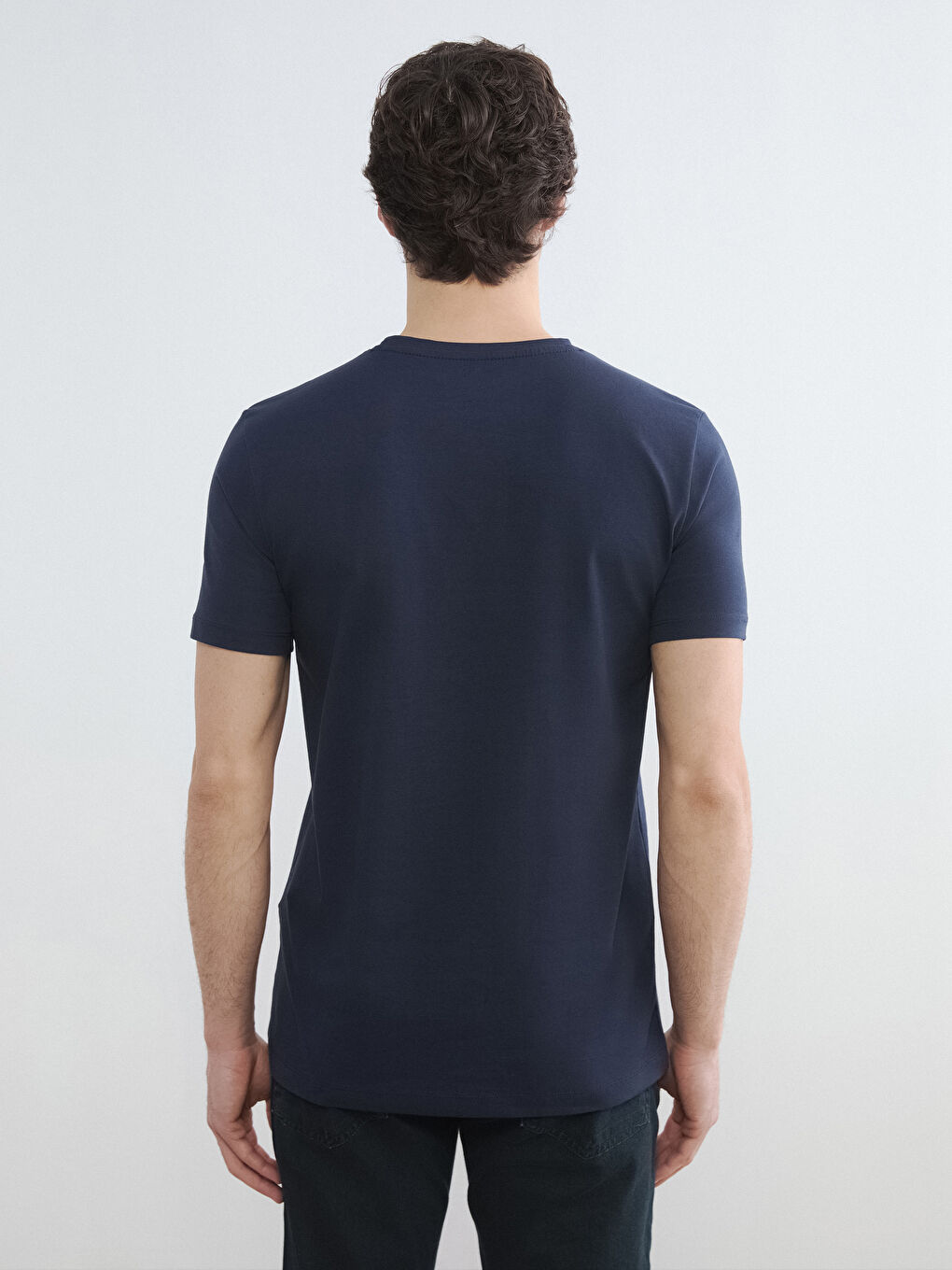 Lacivert Bisiklet Yaka Penye Erkek Tişört-3