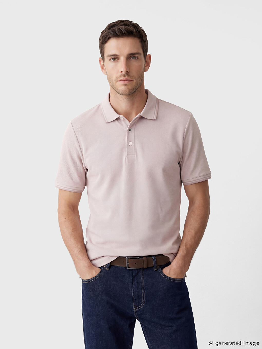 Pembe Polo Yaka Dokulu Erkek Tişört
