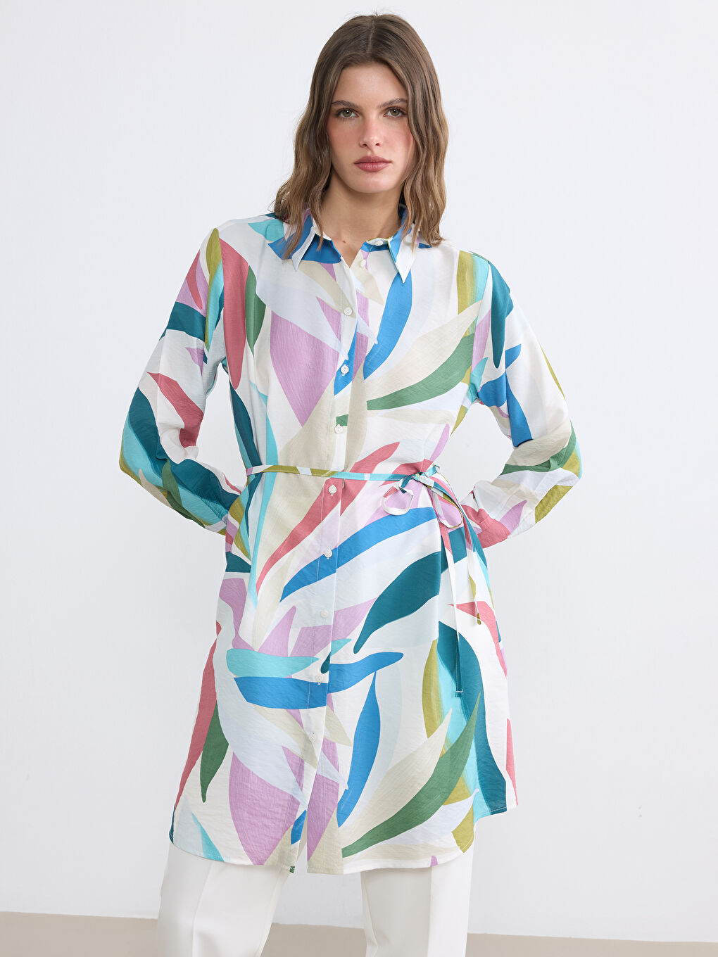 Patterned Women's Shirt Tunic with Sash