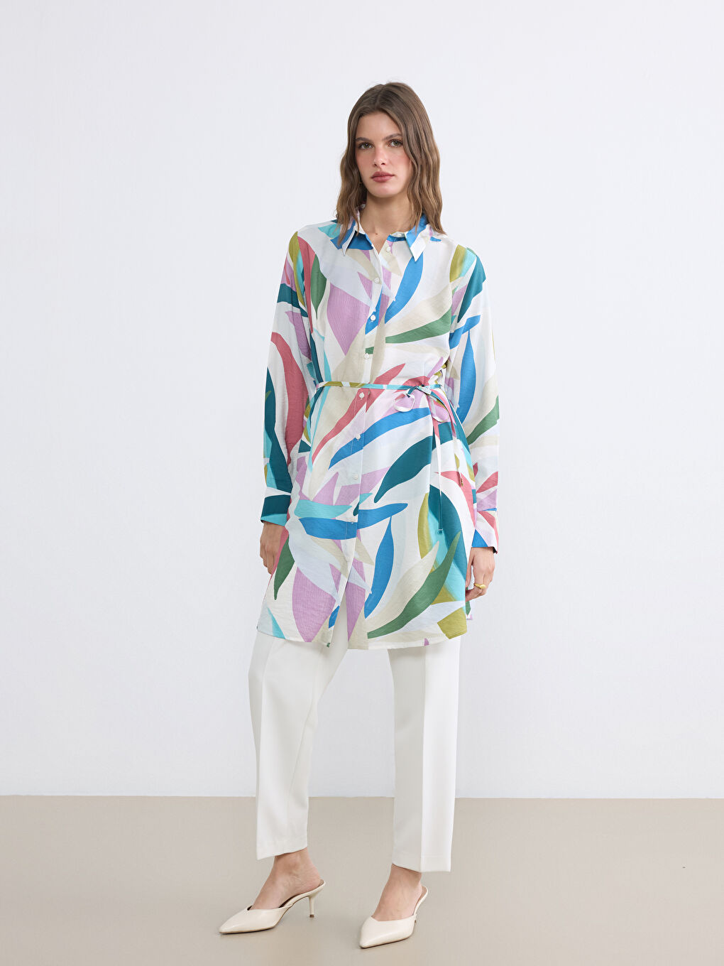 Patterned Women's Shirt Tunic with Sash-1