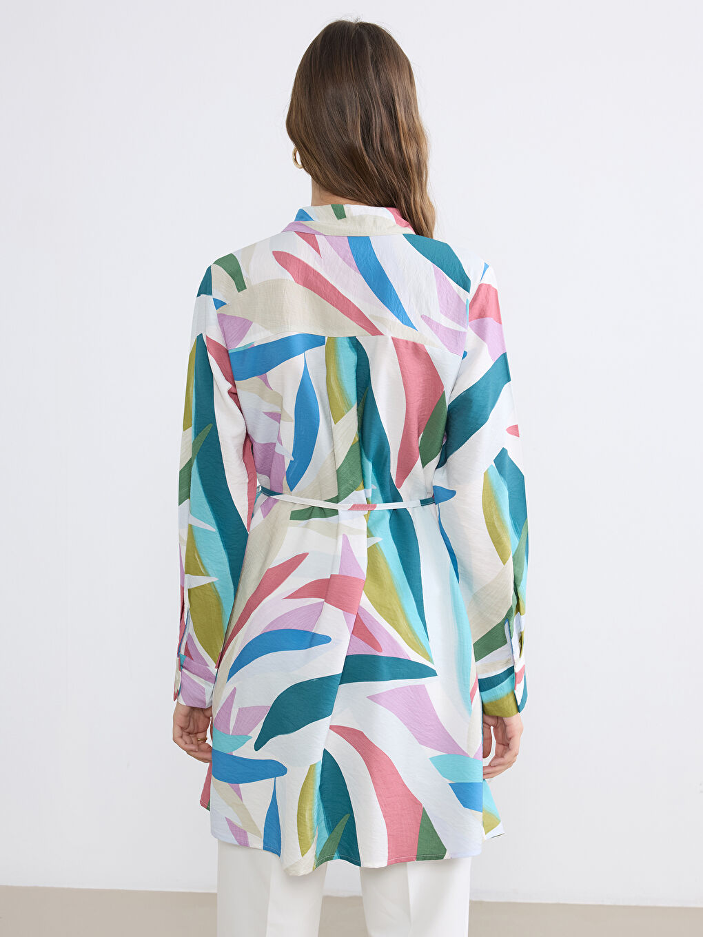 Patterned Women's Shirt Tunic with Sash-3