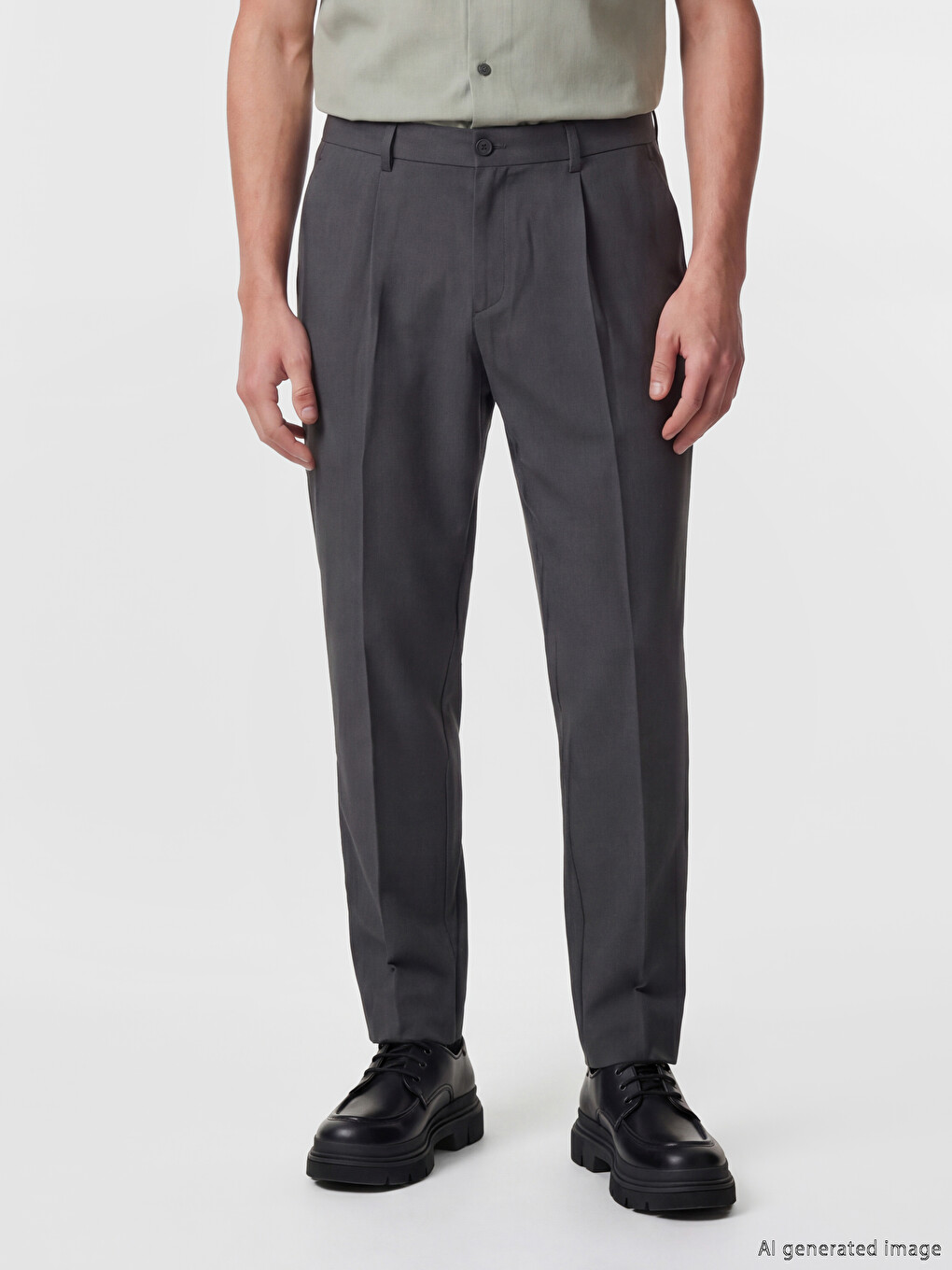 Gri Standart Kalıp Beli Lastikli Pileli Erkek Pantolon-1