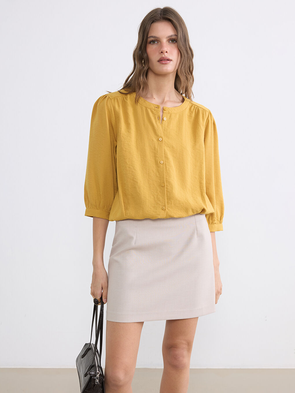 Crew Neck Linen Blend Women's Blouse