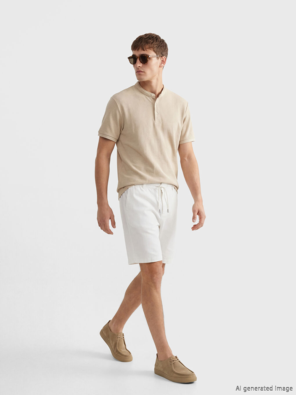 Ekru Standart Kalıp Keten Görünümlü Erkek Şort