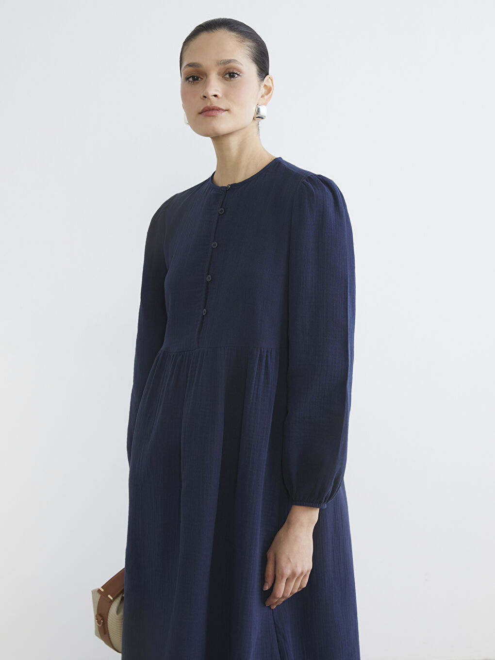 İndigo Bisiklet Yaka Balon Kollu Müslin Elbise-1