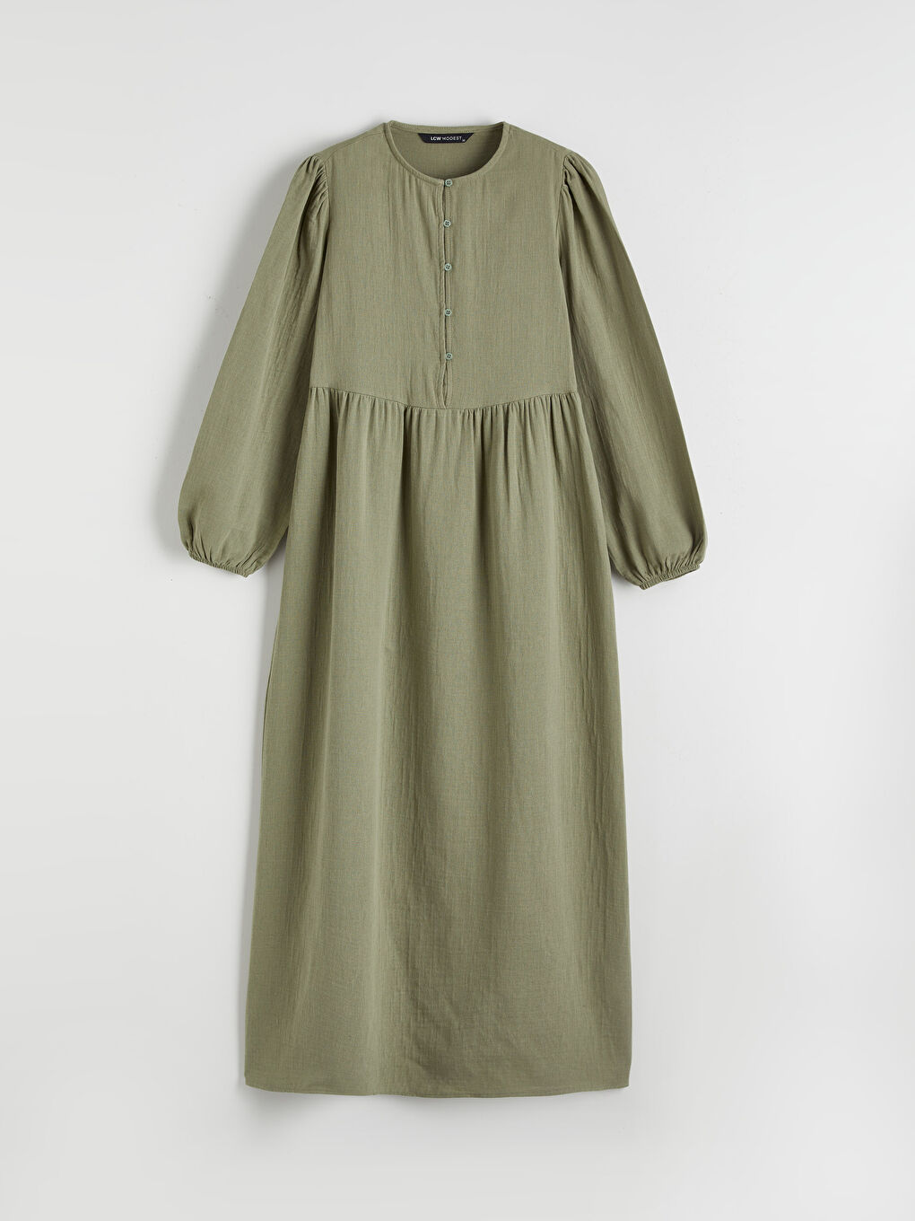 Yeşil Bisiklet Yaka Balon Kollu Müslin Elbise-4