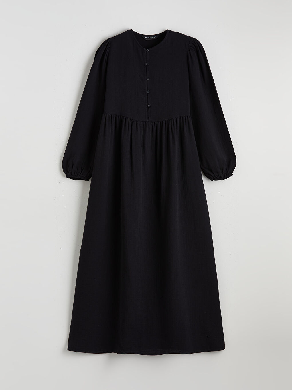 Siyah Bisiklet Yaka Balon Kollu Müslin Elbise-4