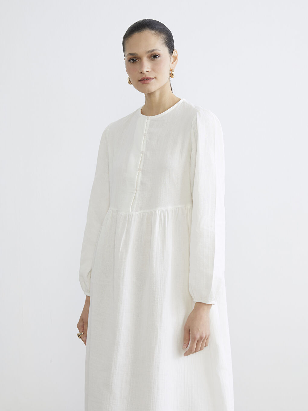 Ekru Bisiklet Yaka Balon Kollu Müslin Elbise-1