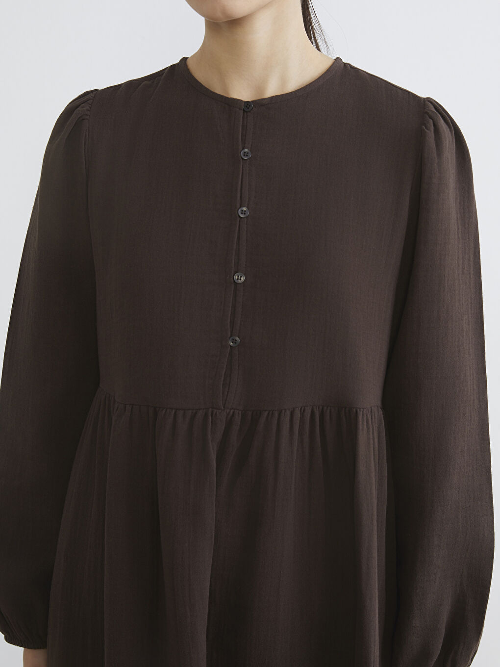 Kahverengi Bisiklet Yaka Balon Kollu Müslin Elbise-2