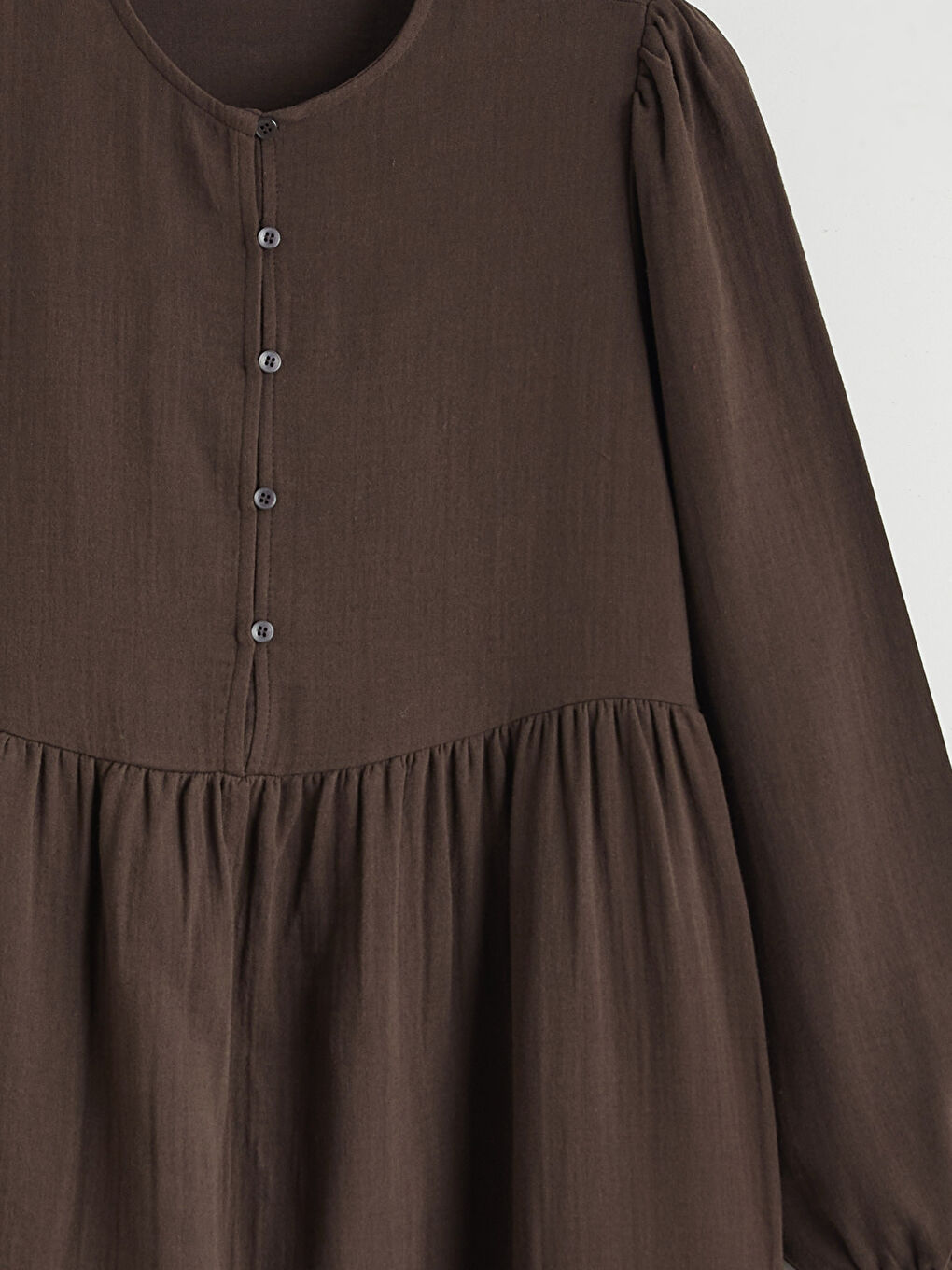 Kahverengi Bisiklet Yaka Balon Kollu Müslin Elbise-5