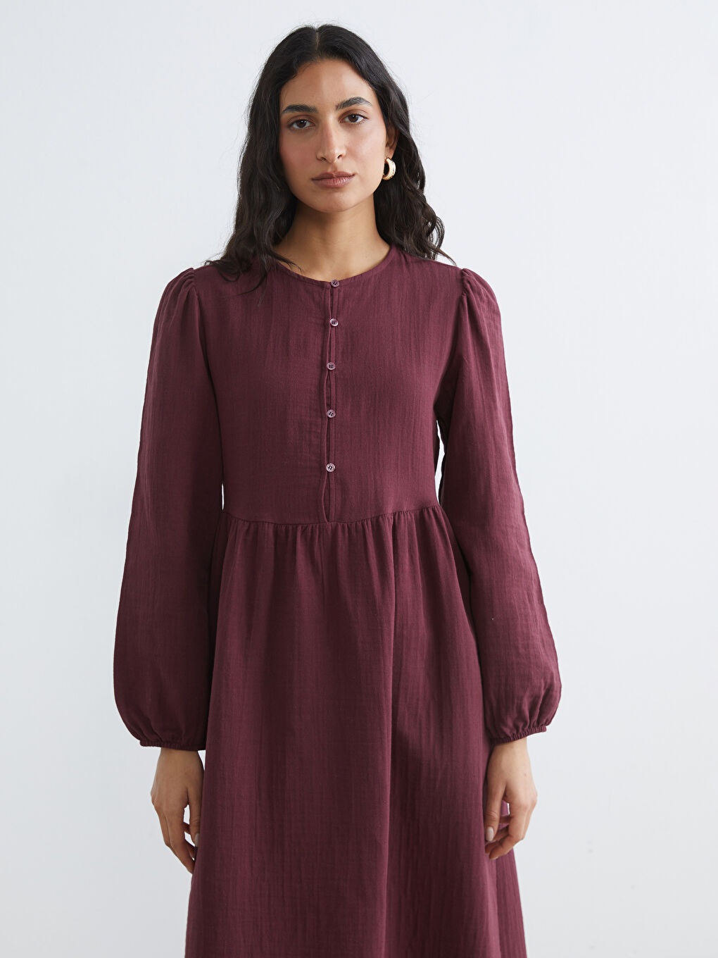 Bordo Bisiklet Yaka Balon Kollu Müslin Elbise-1