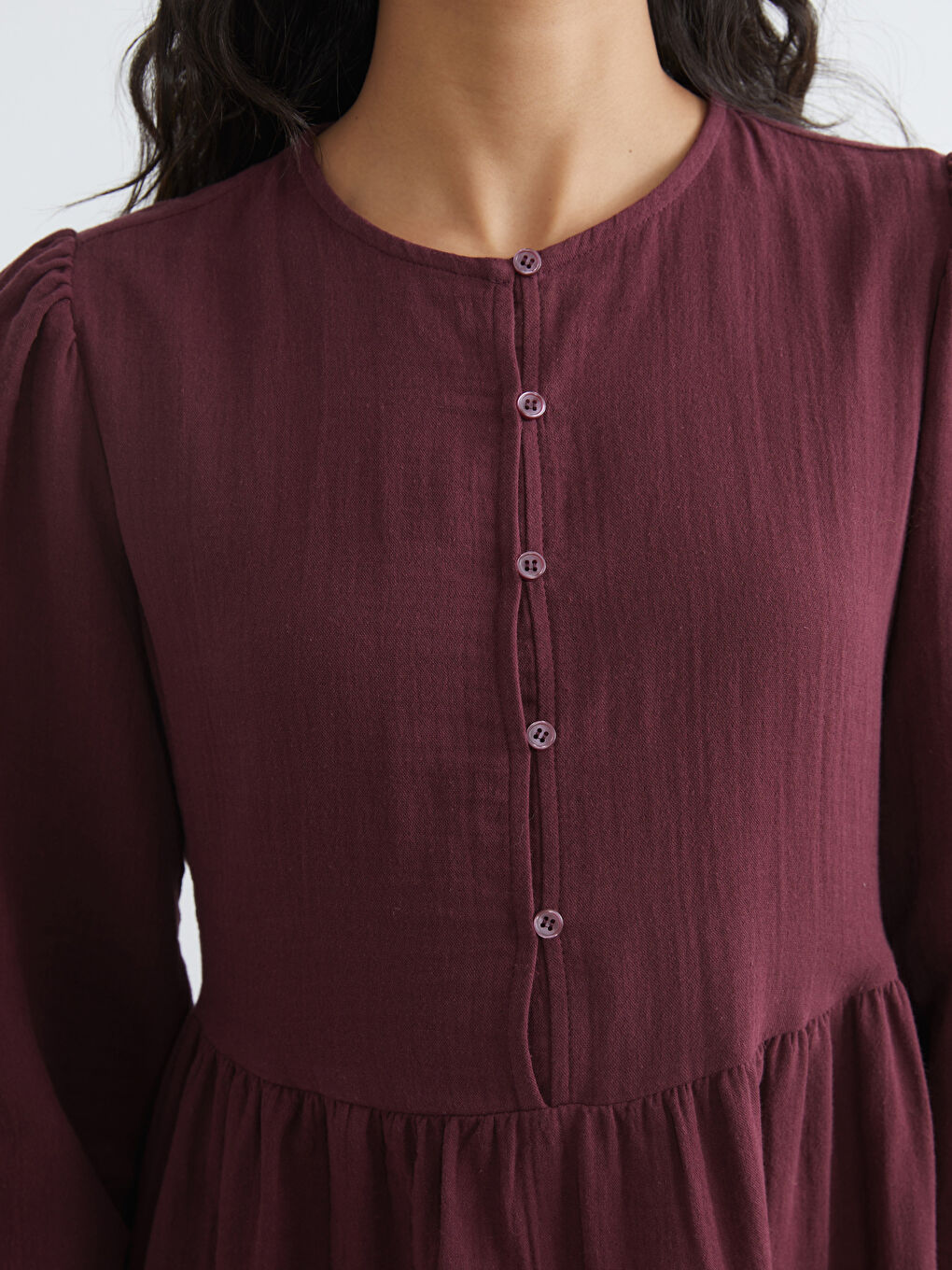 Bordo Bisiklet Yaka Balon Kollu Müslin Elbise-2