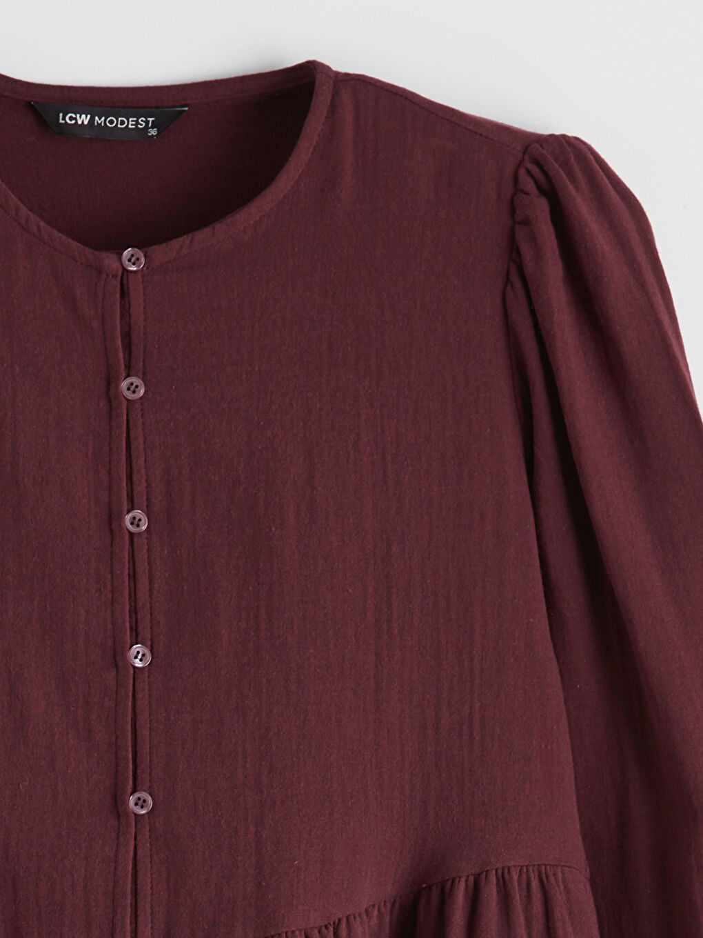 Bordo Bisiklet Yaka Balon Kollu Müslin Elbise-5