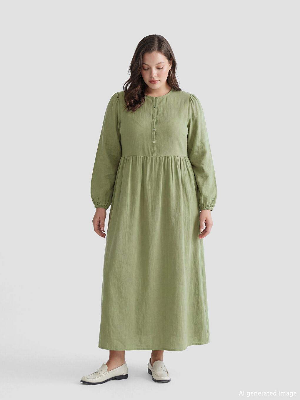 Yeşil Bisiklet Yaka Balon Kollu Müslin Elbise-1