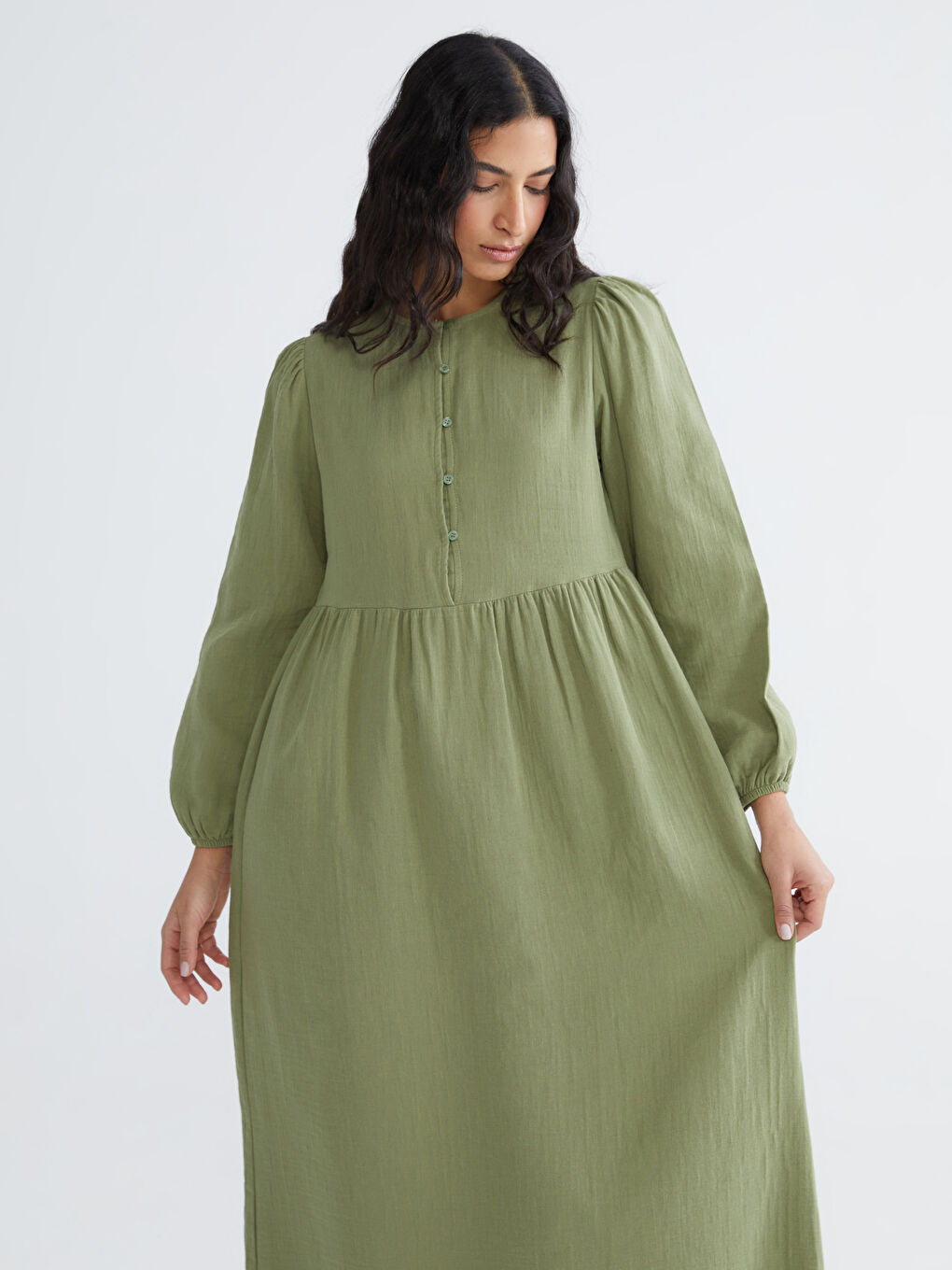 Yeşil Bisiklet Yaka Balon Kollu Müslin Elbise-1