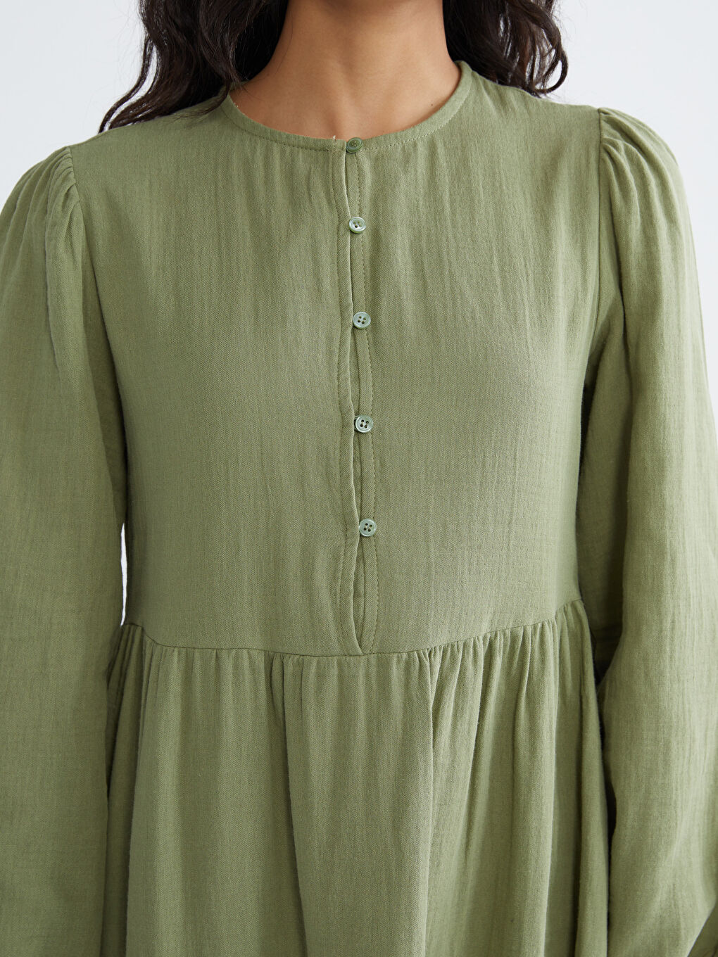 Yeşil Bisiklet Yaka Balon Kollu Müslin Elbise-2