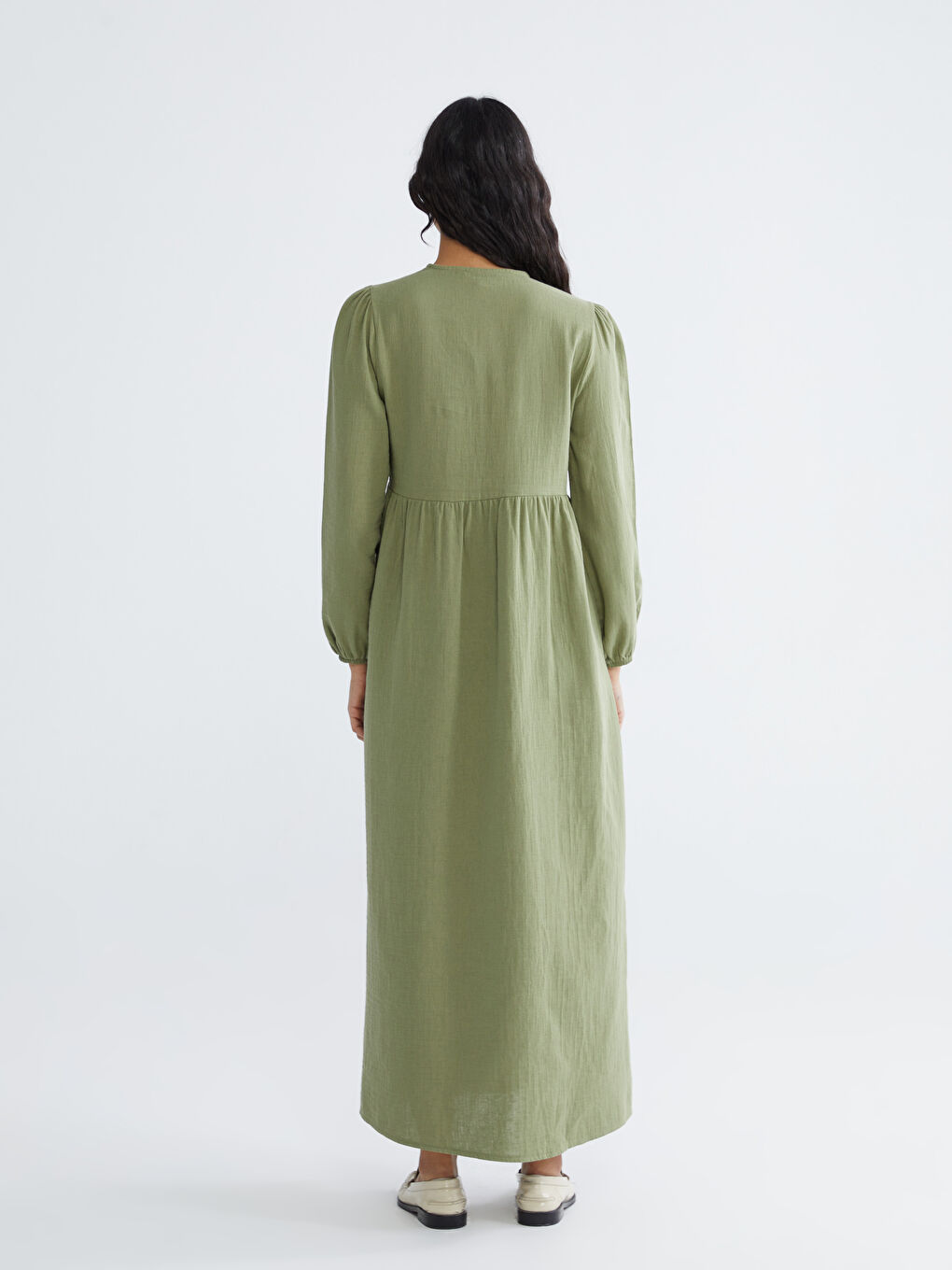 Yeşil Bisiklet Yaka Balon Kollu Müslin Elbise-3