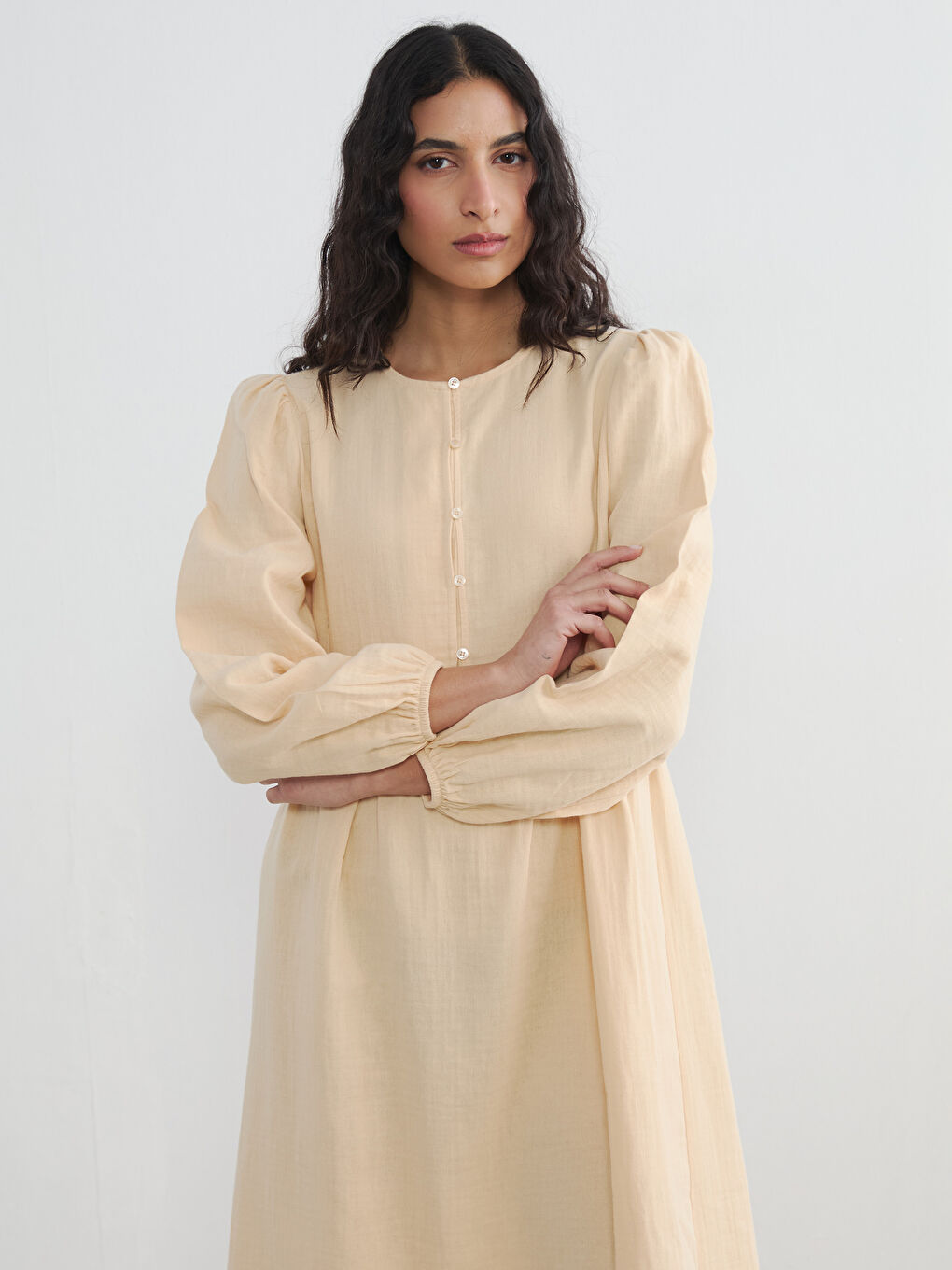 Sarı Balon Kollu Müslin Uzun Elbise-1