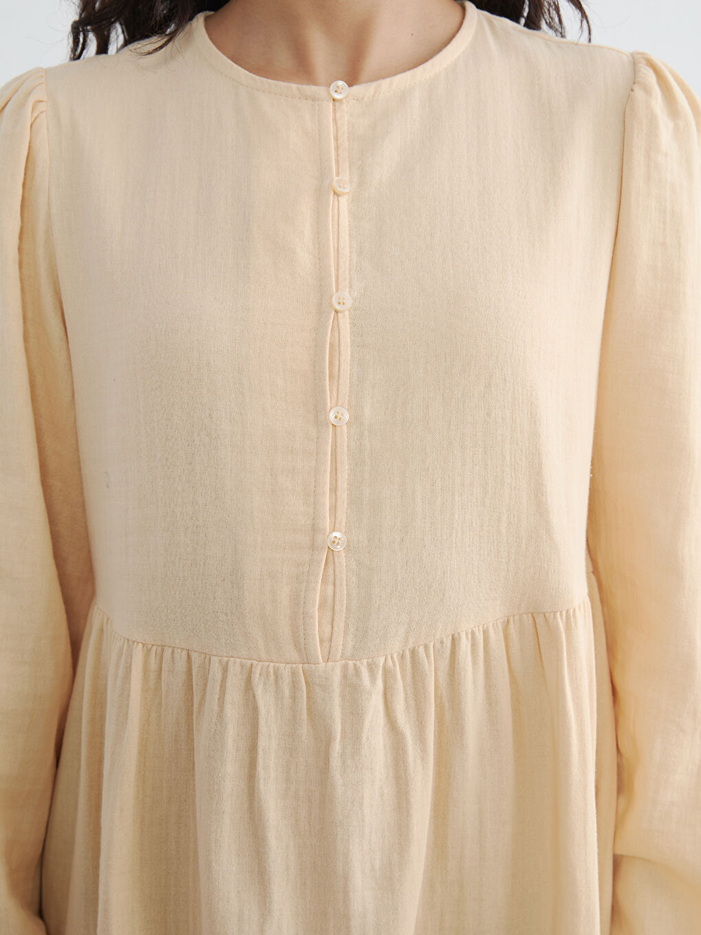 Sarı Balon Kollu Müslin Uzun Elbise-2