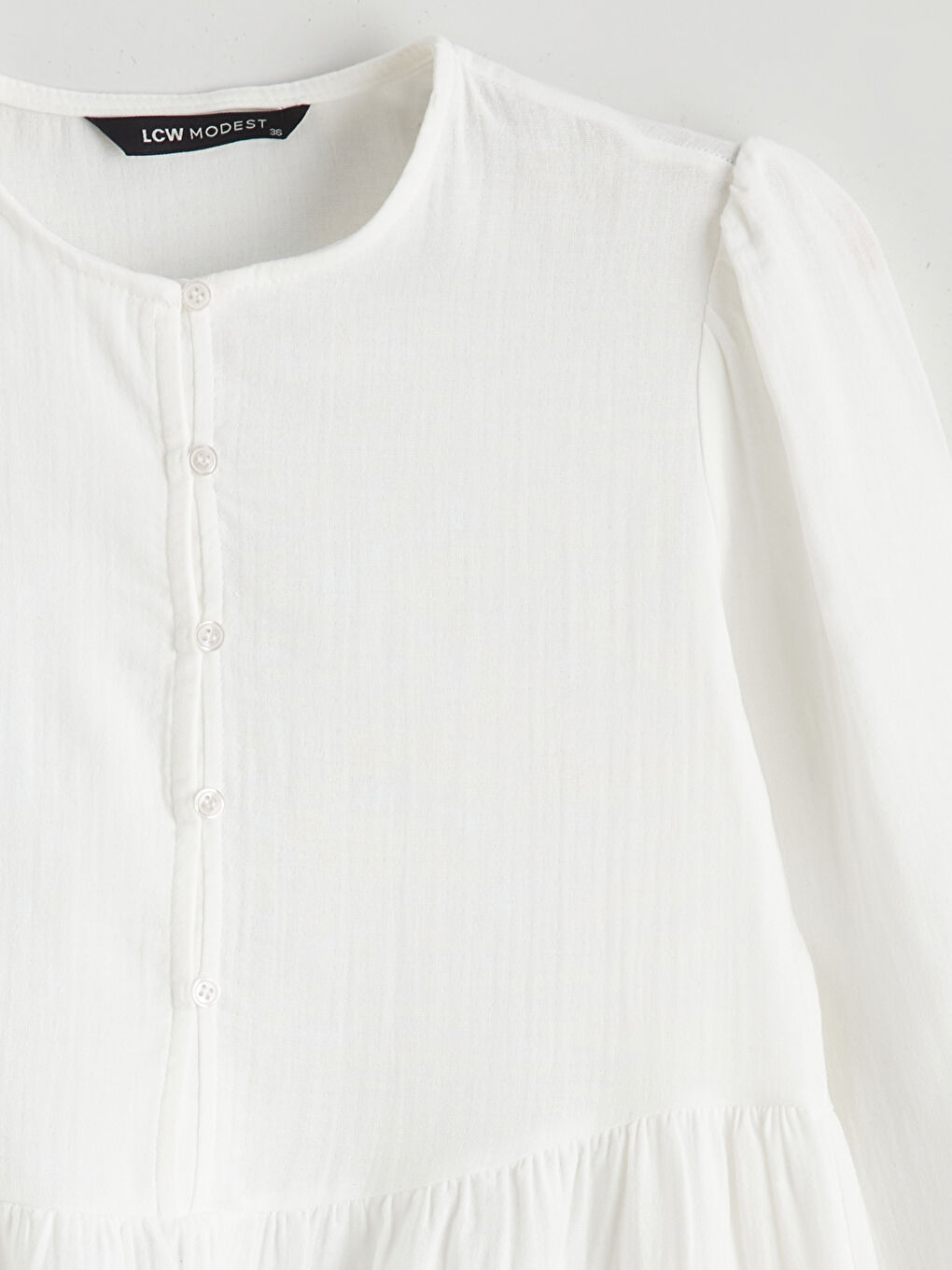 Ekru Bisiklet Yaka Balon Kollu Müslin Elbise-5