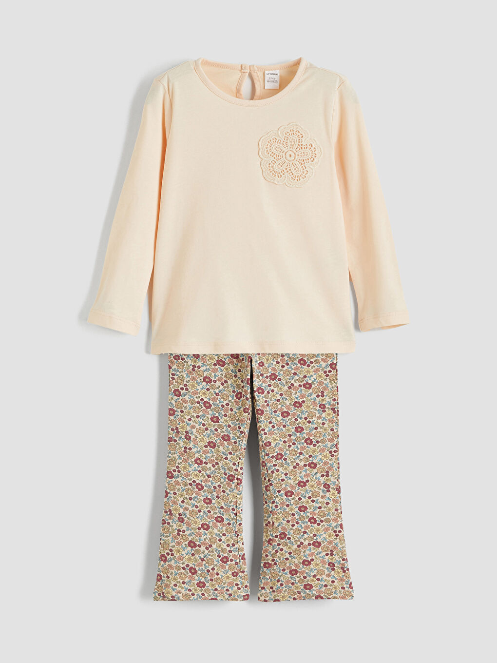 Bej Çiçekli Kız Çocuk Penye Bluz ve Tayt