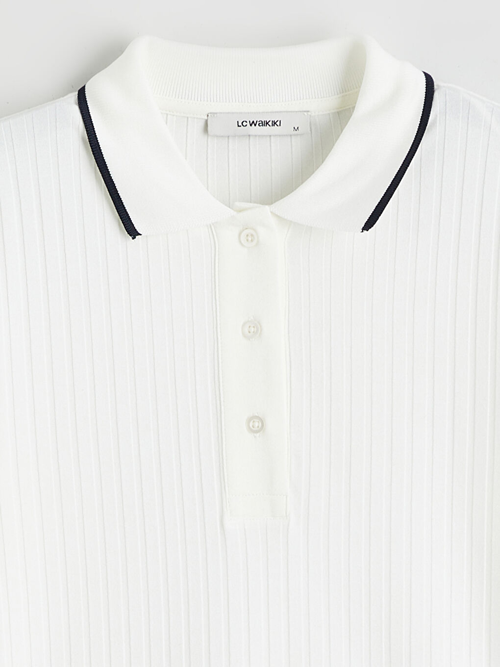 Ekru Polo Yaka Fitilli Kadın Tişört-5