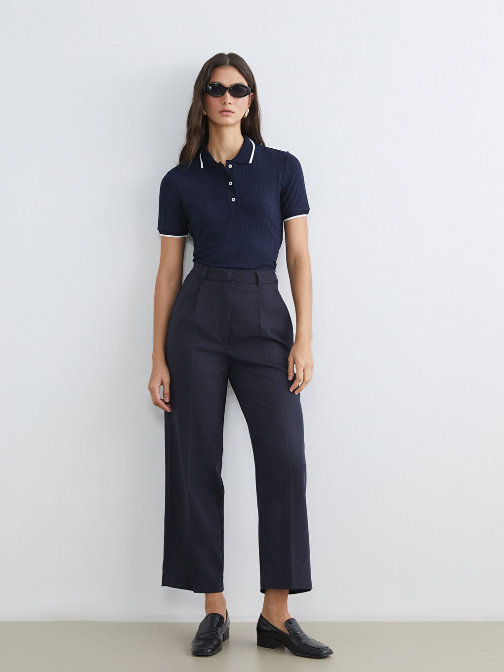 Lacivert Polo Yaka Fitilli Kadın Tişört-1