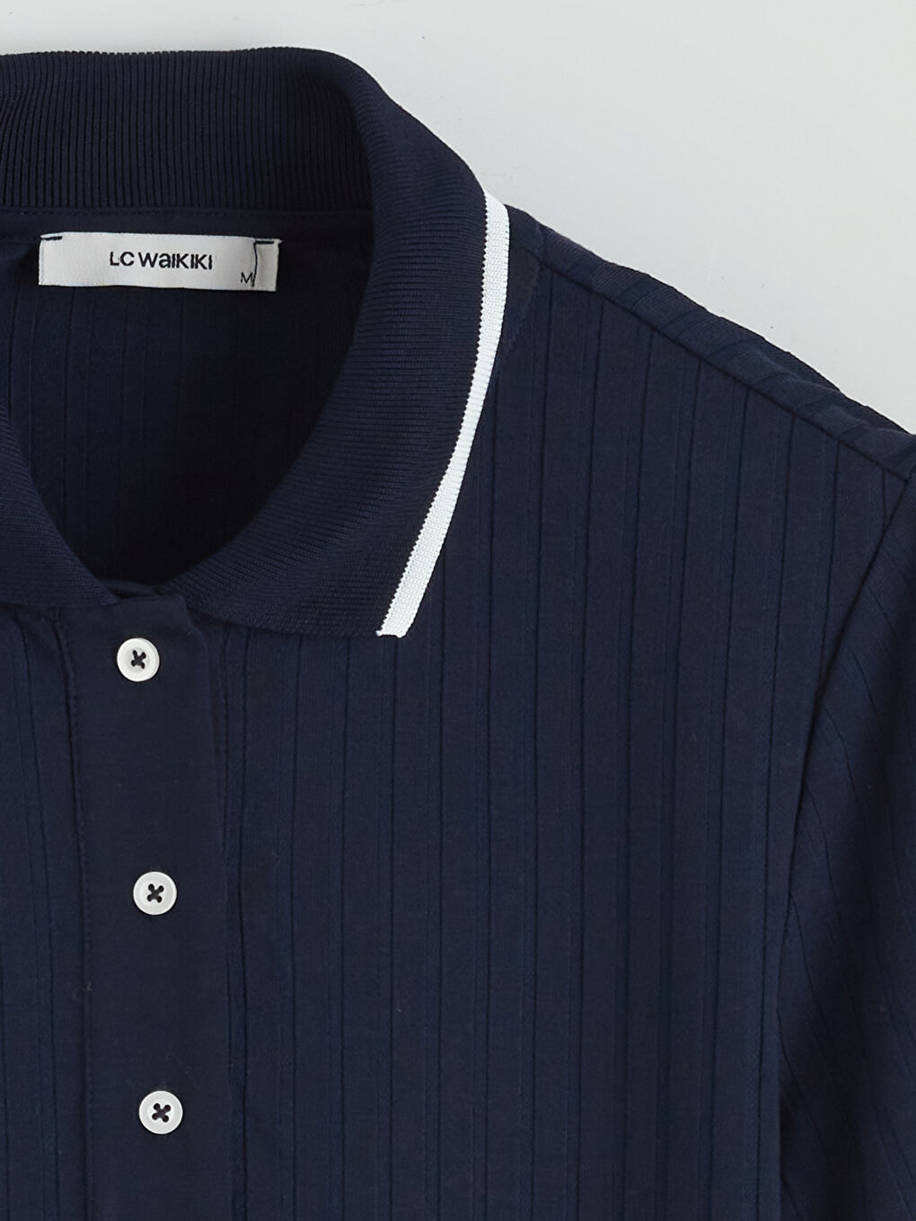 Lacivert Polo Yaka Fitilli Kadın Tişört-5