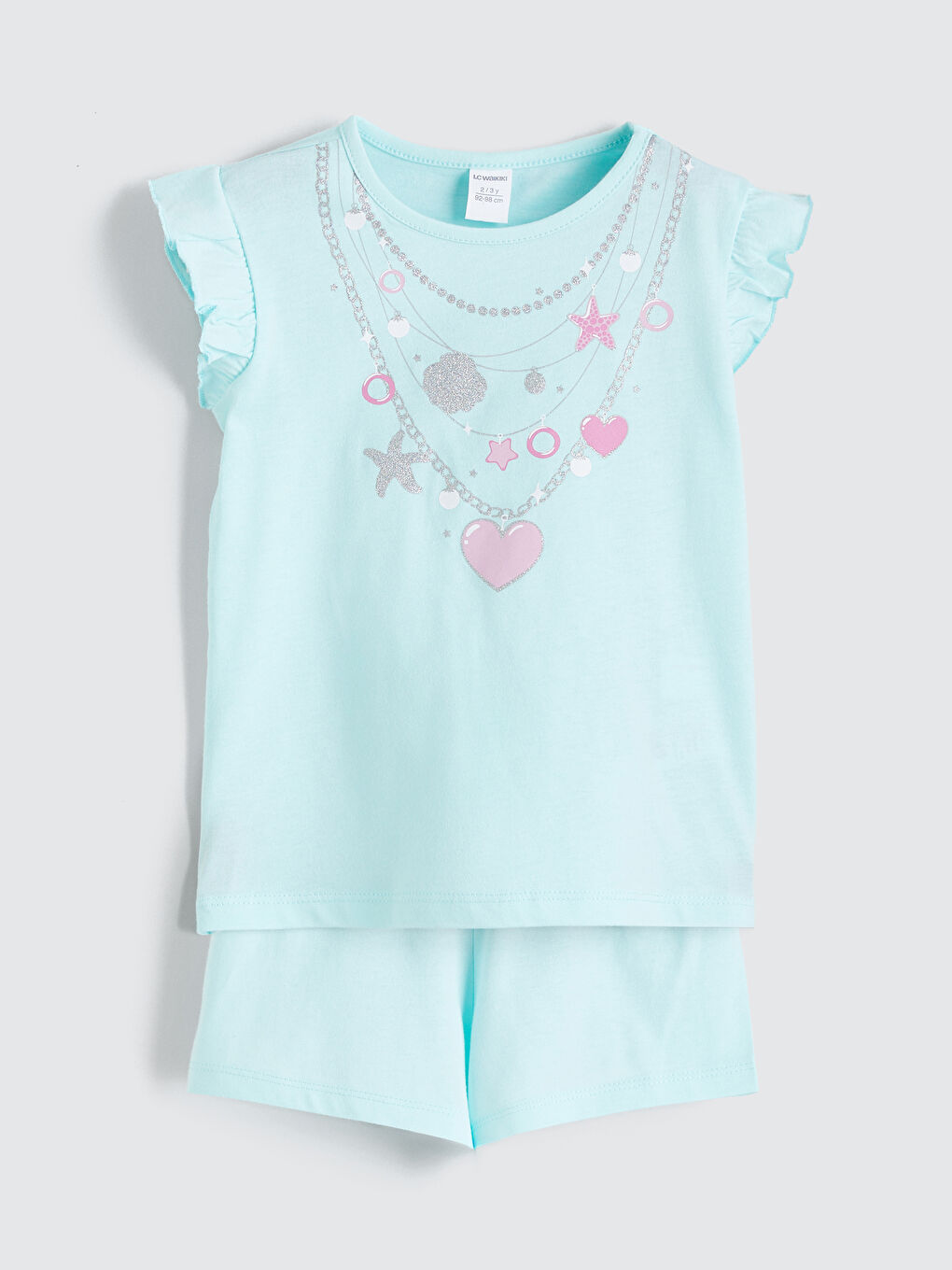 Turkuaz Bisiklet Yaka Baskılı Kız Çocuk Tişört ve Şort