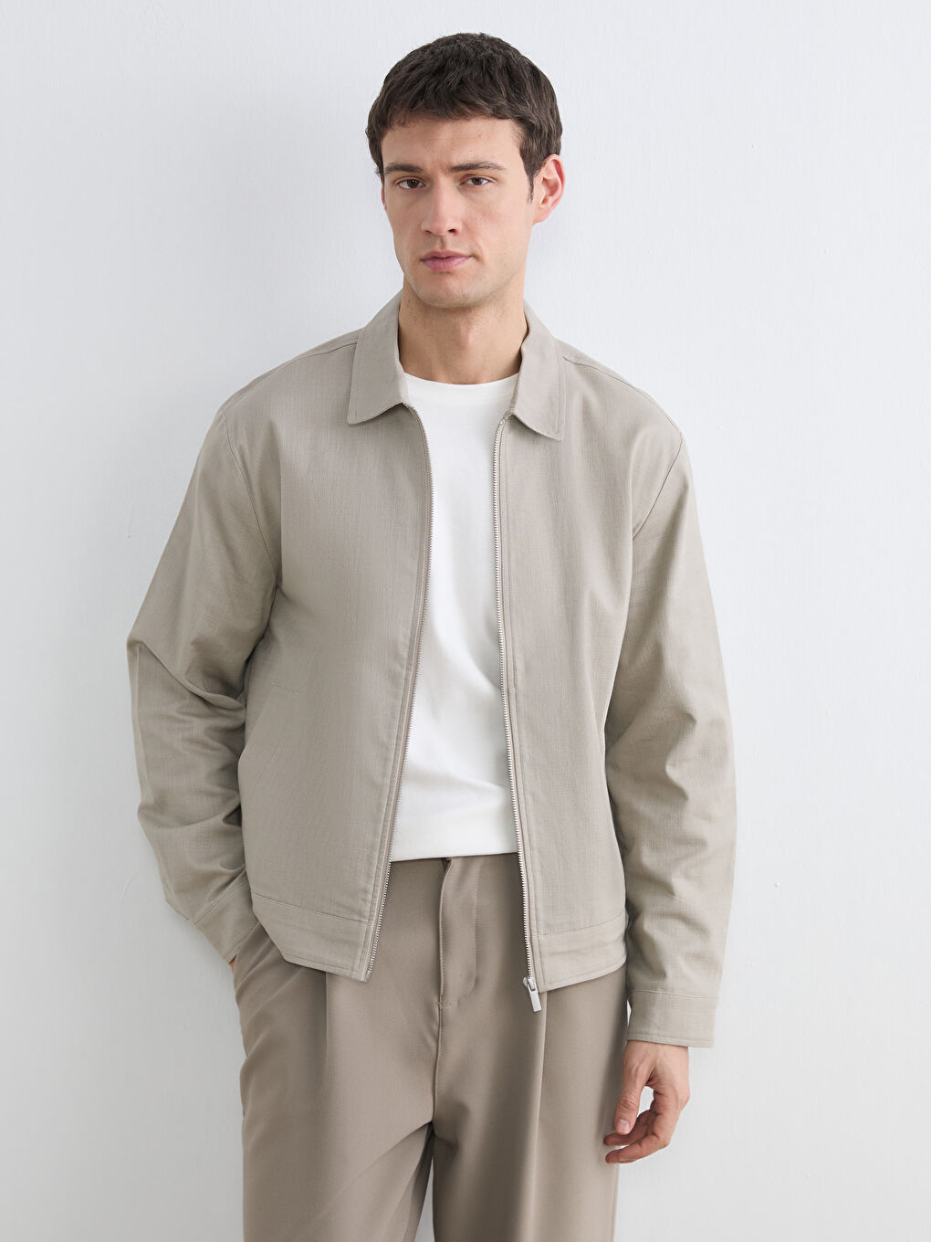 Bej Standart Kalıp Gömlek Yaka Erkek Mont-0